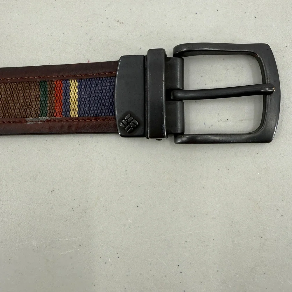 Columbia Reversible Belt Mens 38 Brown Multi-Color Striped Leather 11CO02H8
